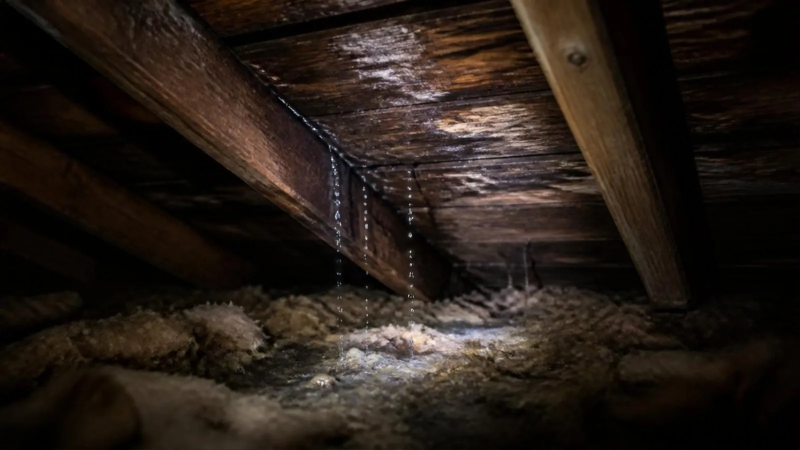 Water dripping from roof boards into attic insulation during a leak