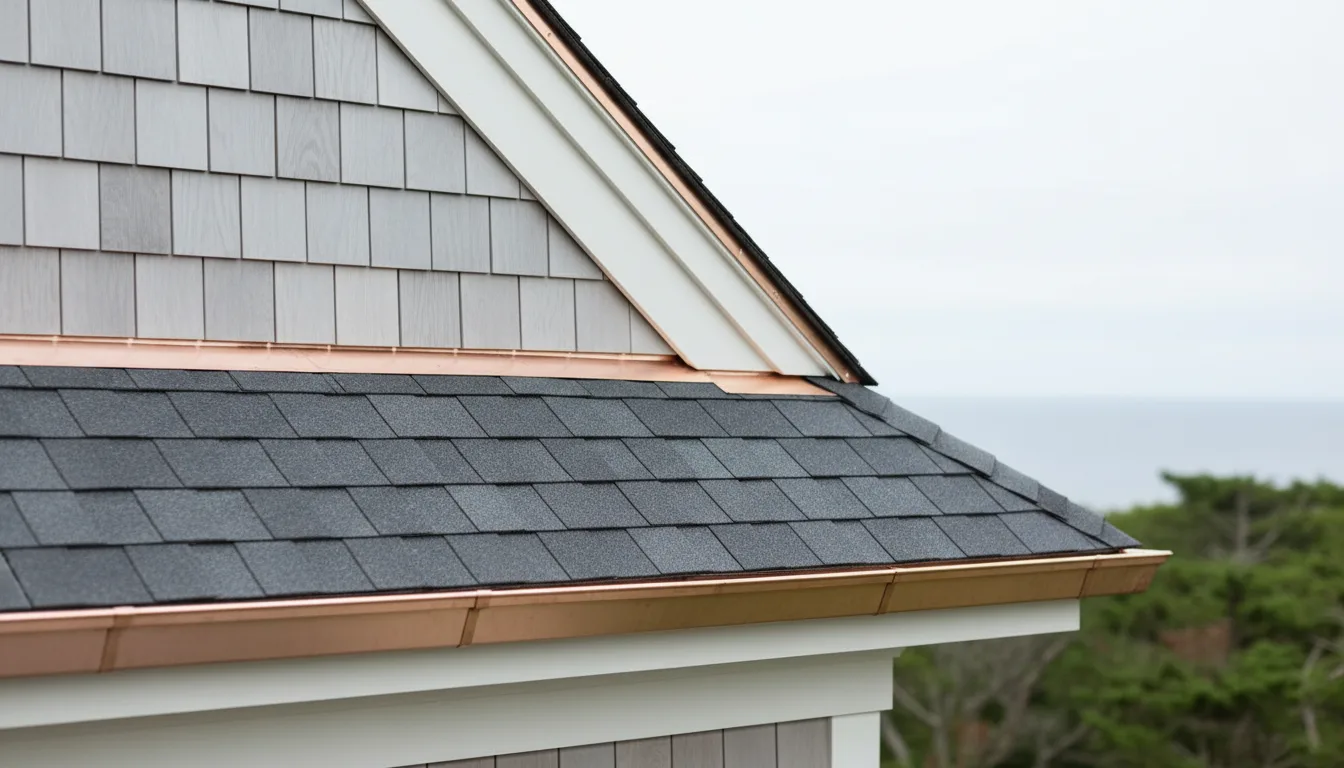 Architectural shingle roof with copper gutter and copper flashing on a cedar-shingle home