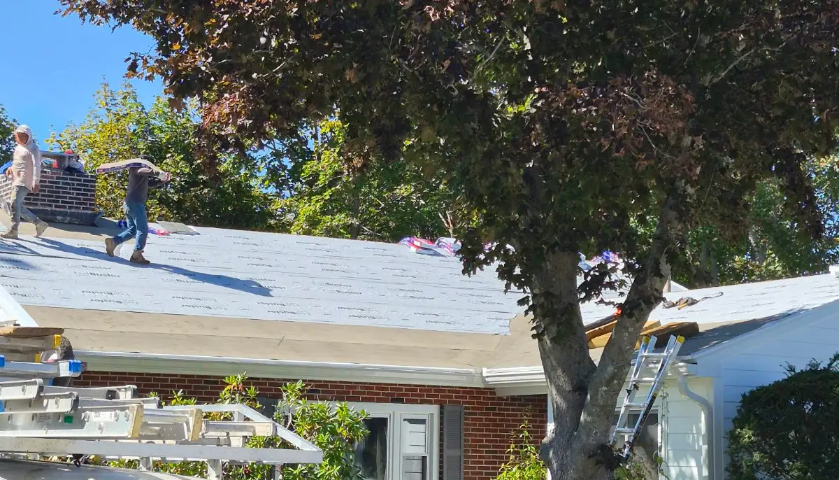 Crew carrying shingle bundles across new underlayment