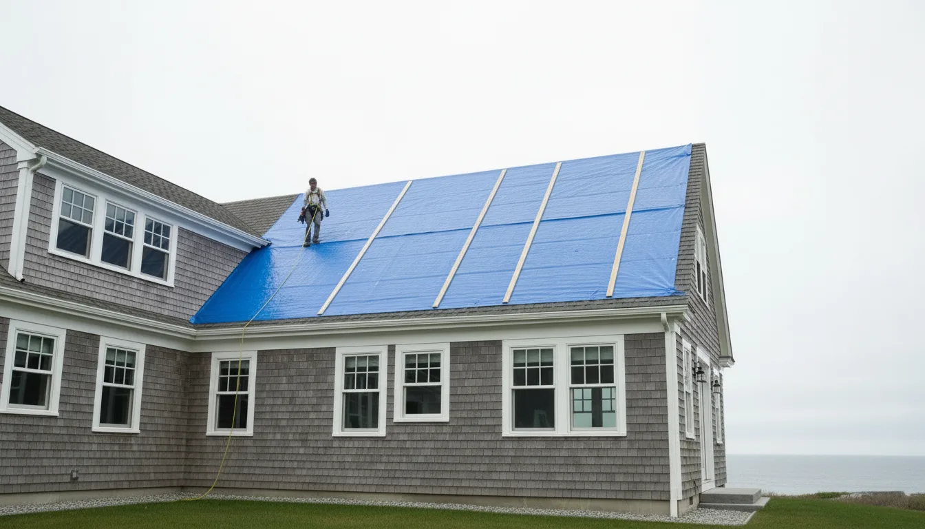 Emergency tarp secured with wood battens on a cedar-shingle coastal home