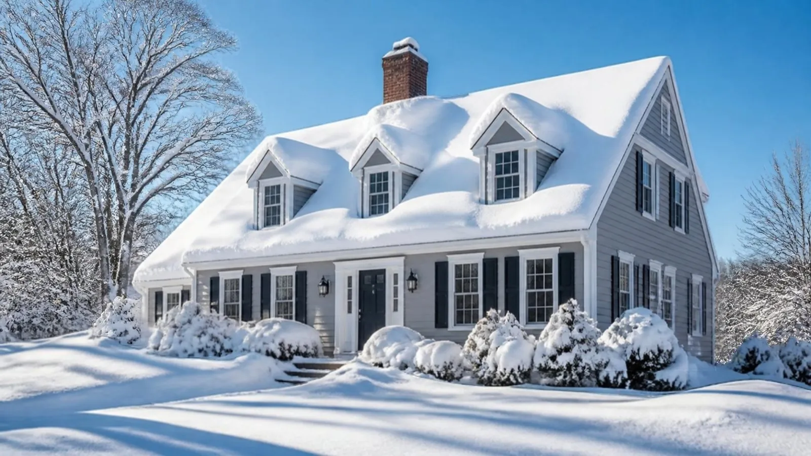 Heavy snow load on the roof of a gray colonial after a storm