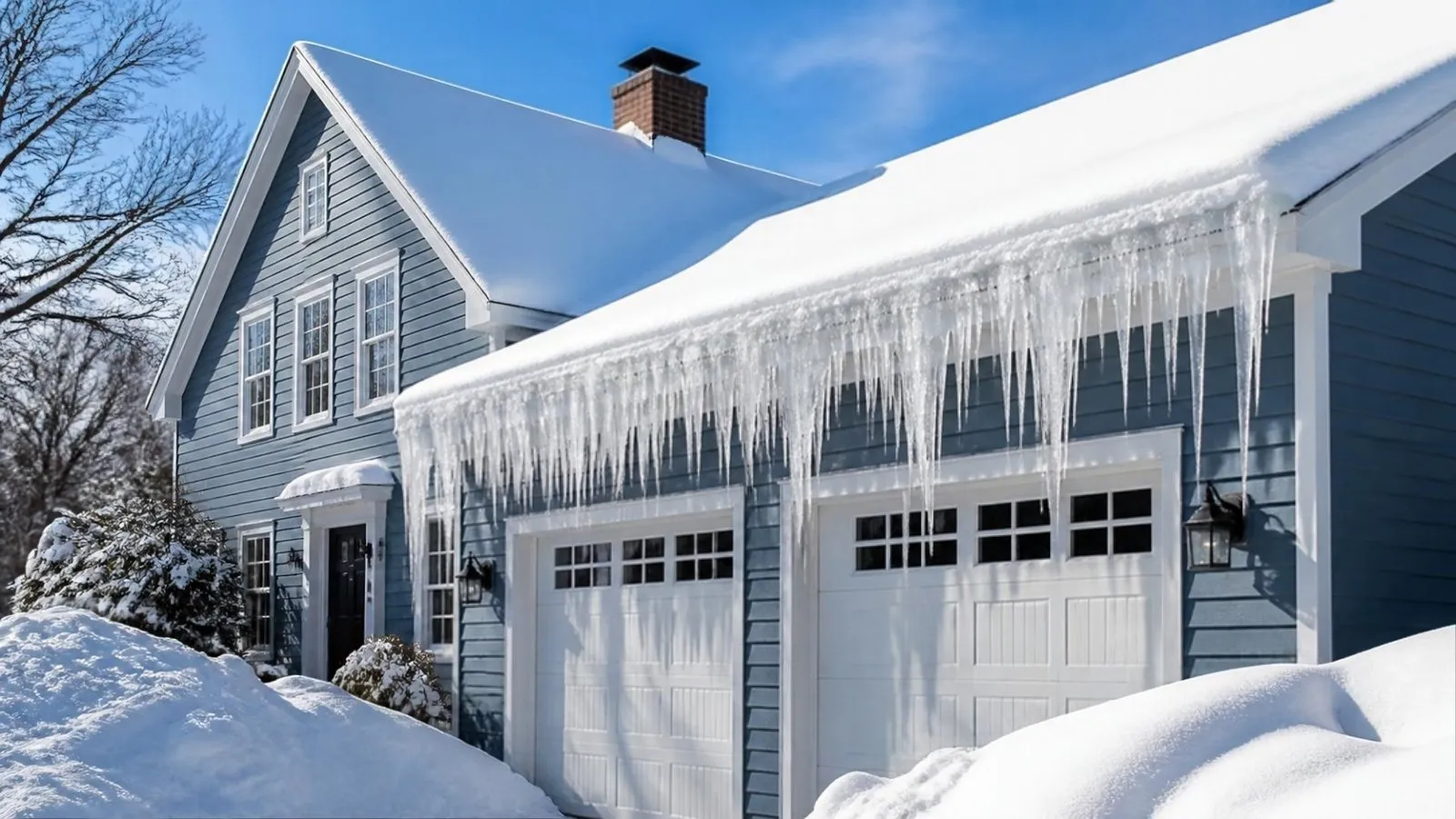 Long icicles hanging from the garage eave of a blue farmhouse