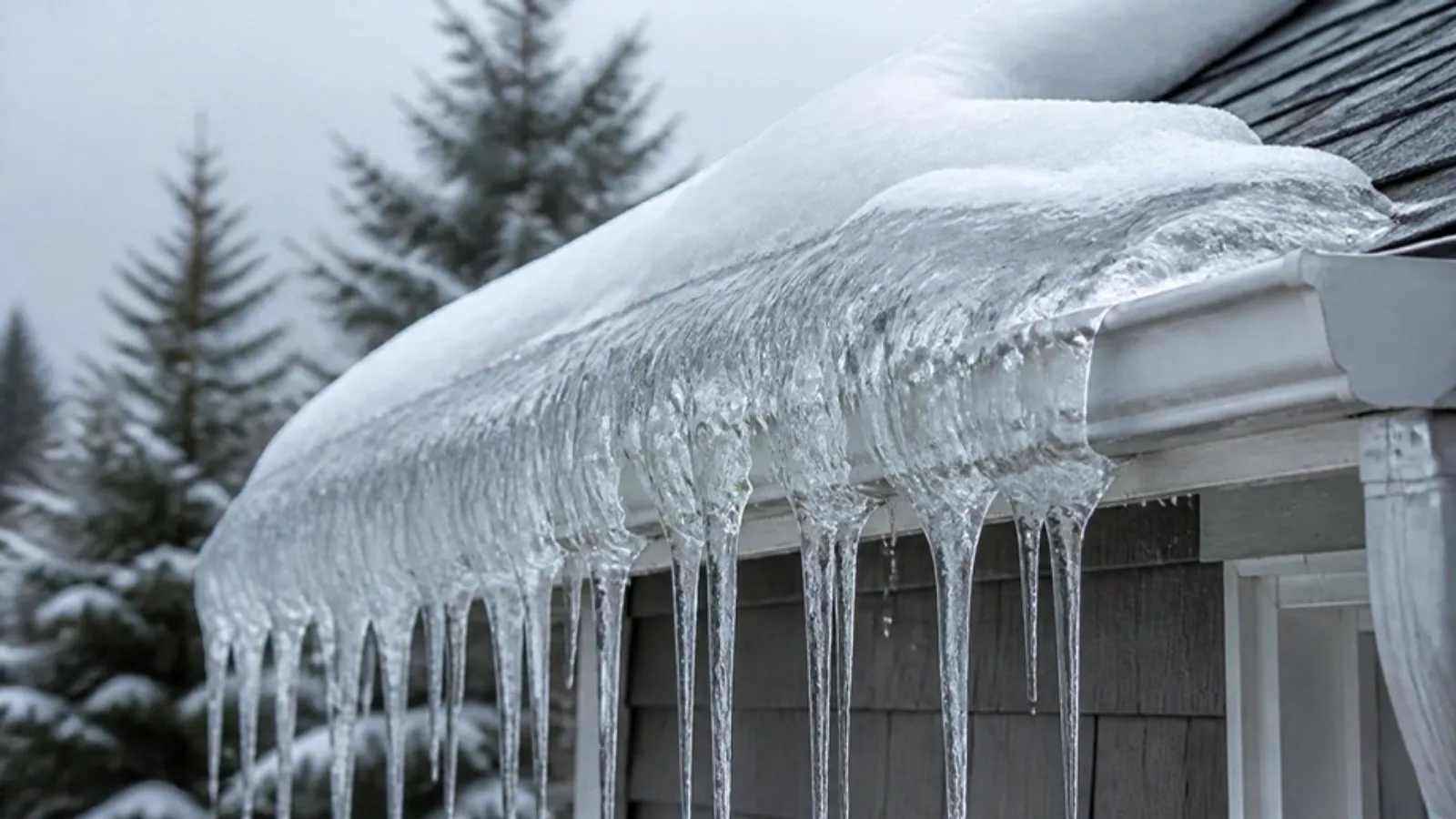 Close-up of a thick ice dam and icicles on a roof gutter