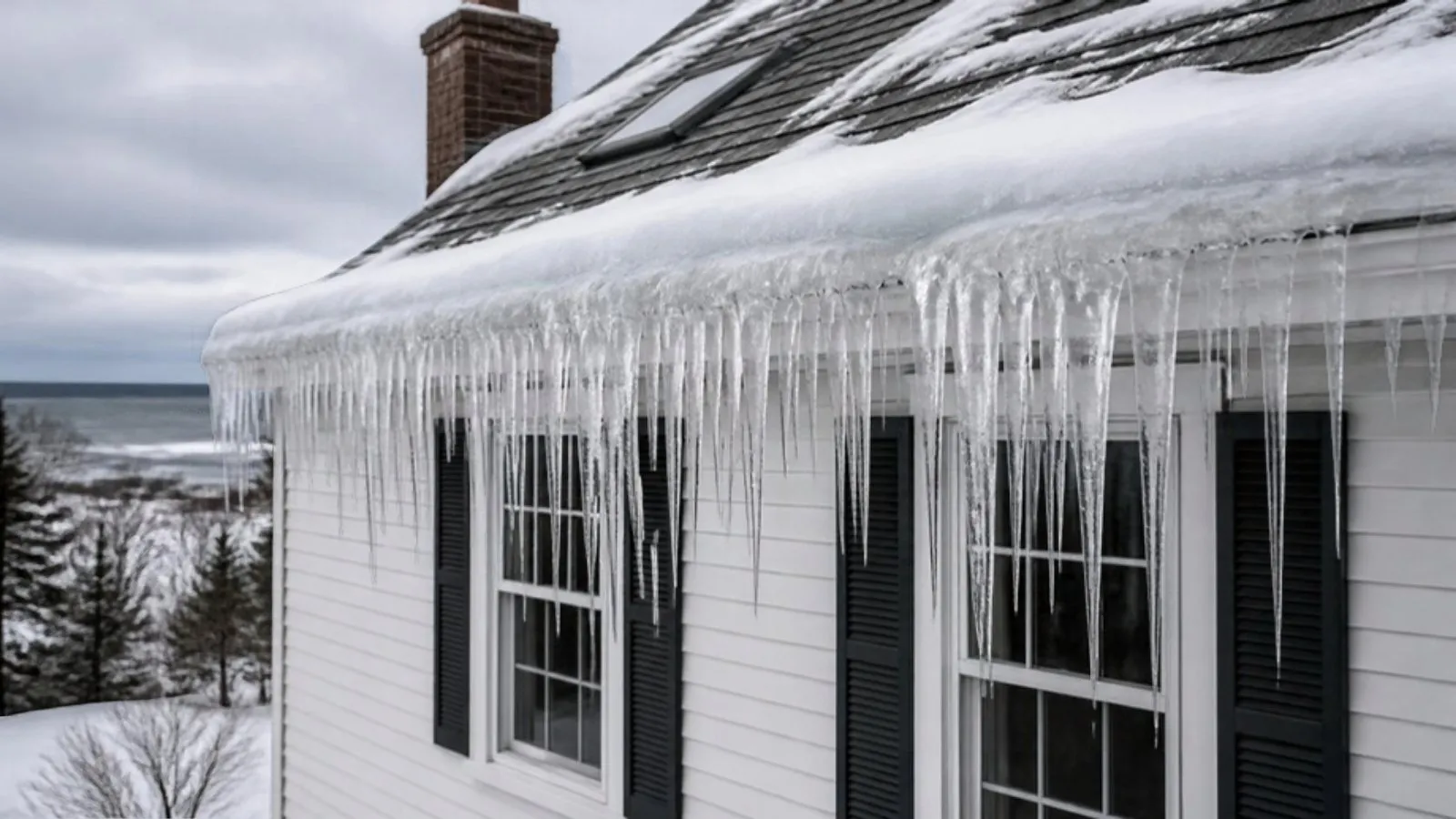 Ice dam and long icicles along the snowy eave of a white Cape-style house