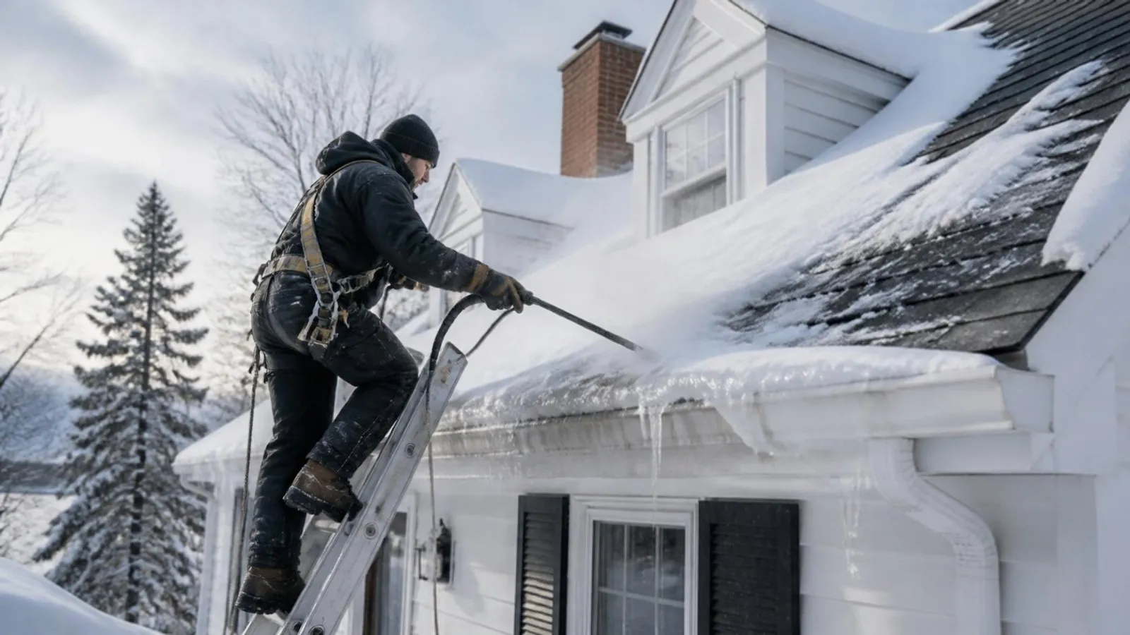 Roofer in a harness on a ladder steaming an ice dam off a roof edge