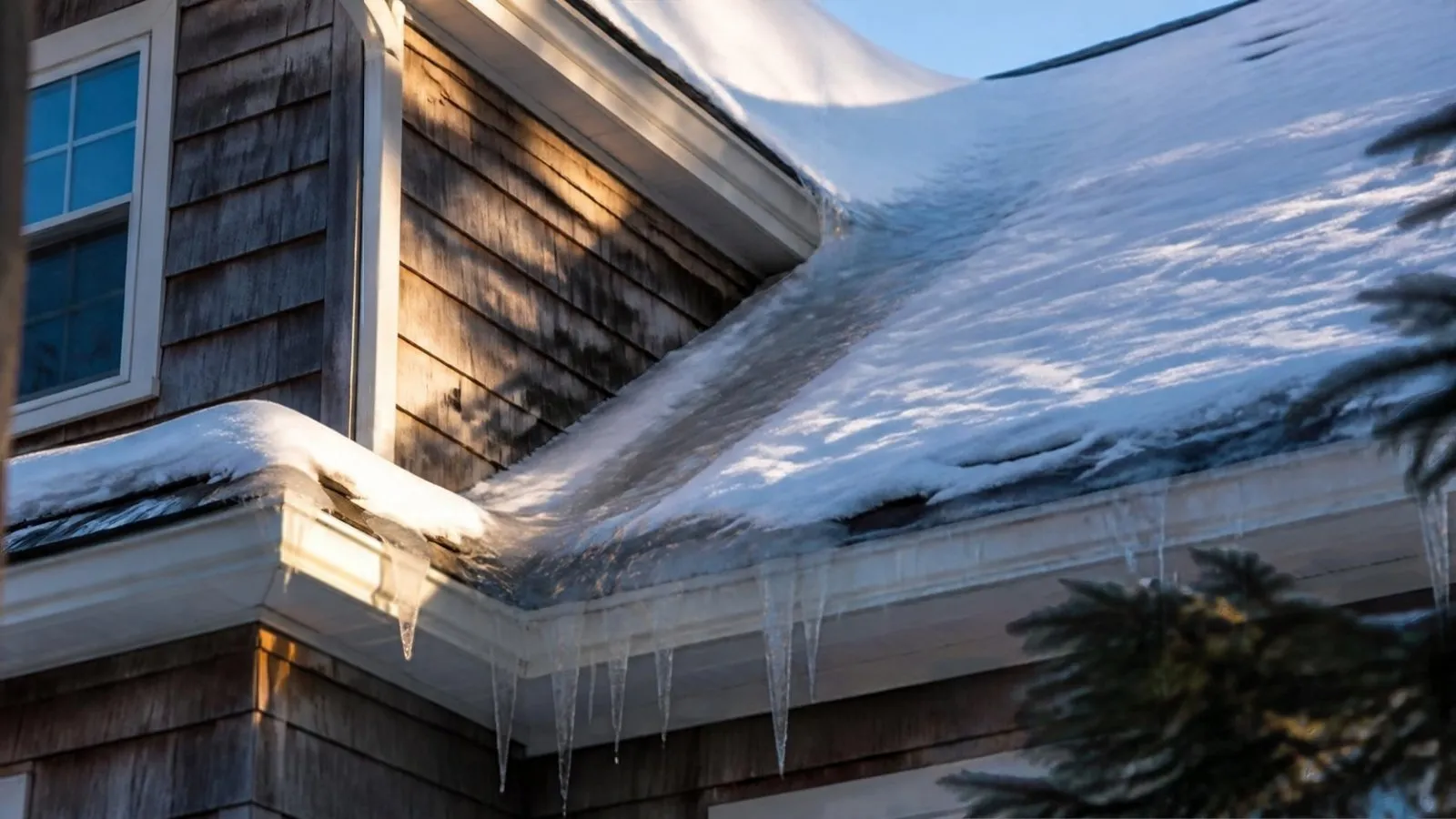 Ice building up where a dormer meets the roof on a cedar-shingled home
