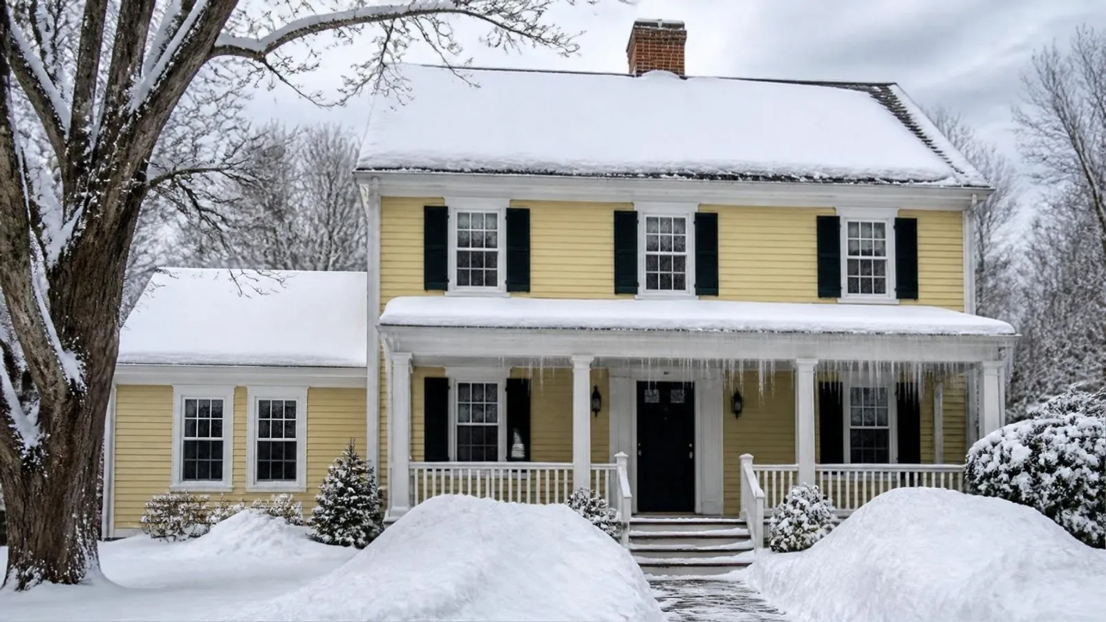 Icicles along the porch roof of a yellow colonial in deep snow