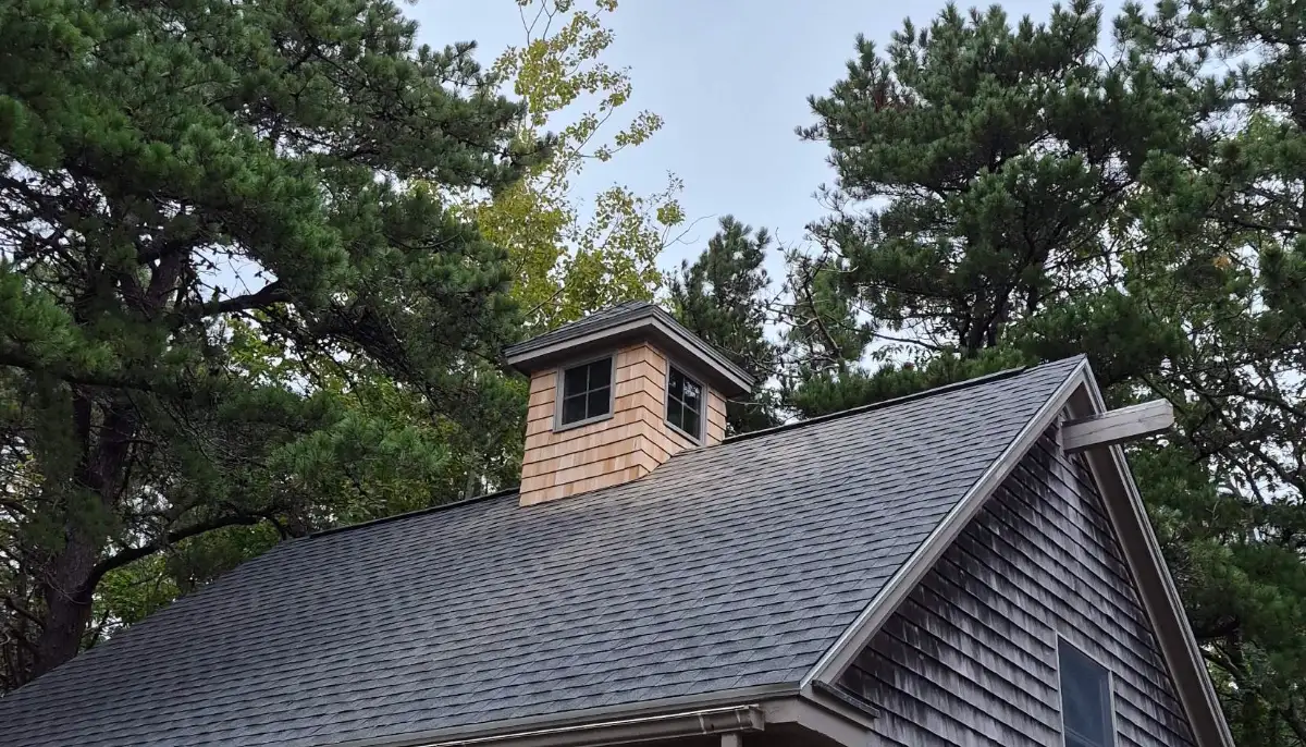 After: new shingle roof around the cedar cupola on the garage