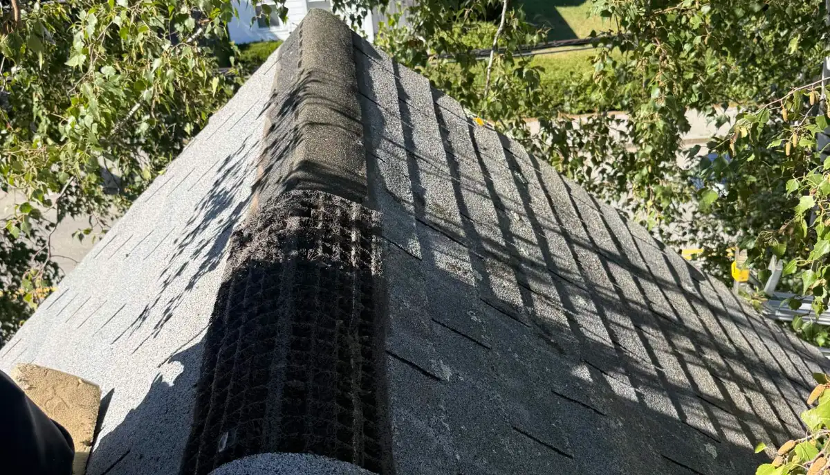 New ridge vent installed on a shingle roof