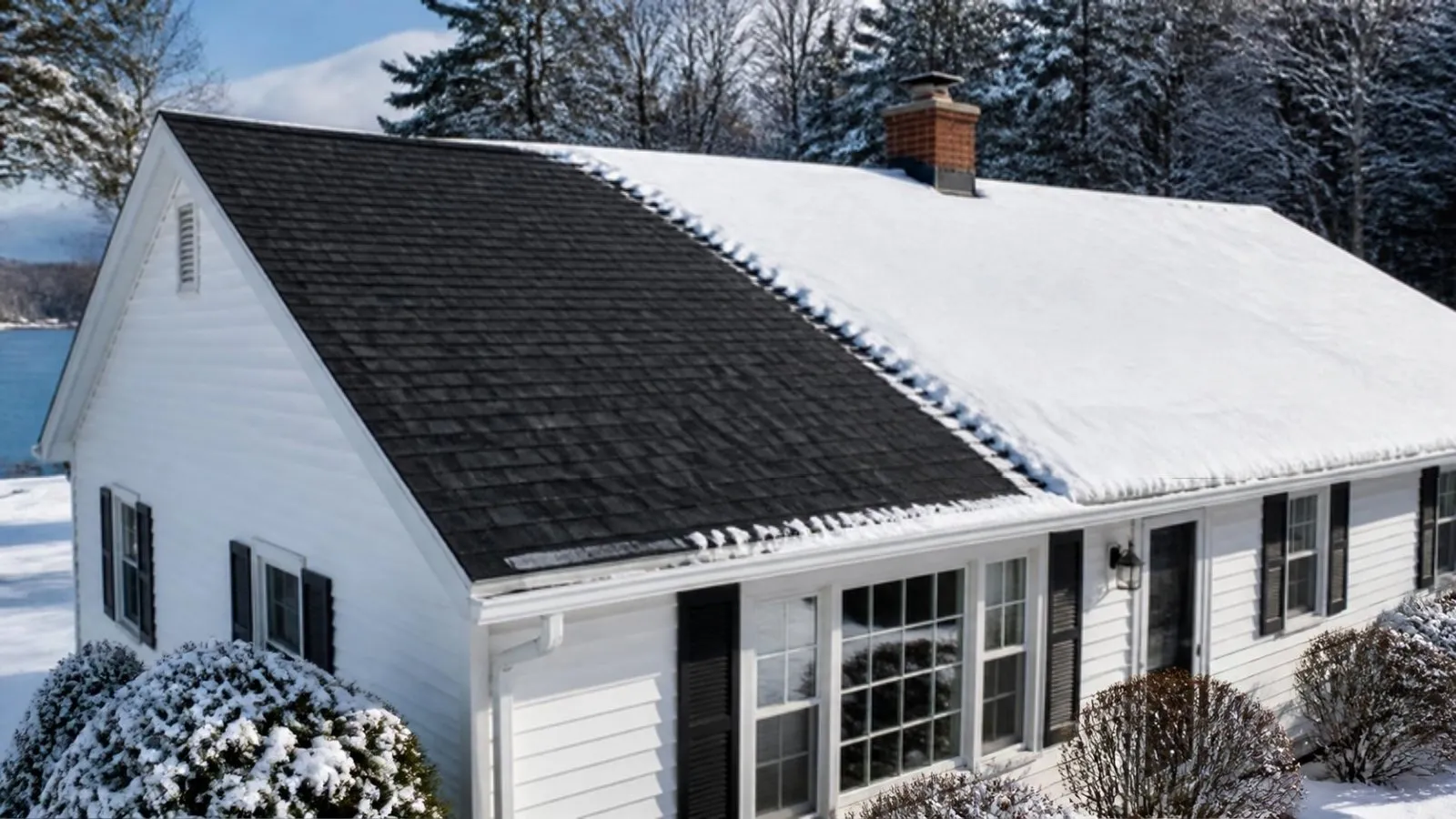 Roof partly cleared of snow on a ranch-style house