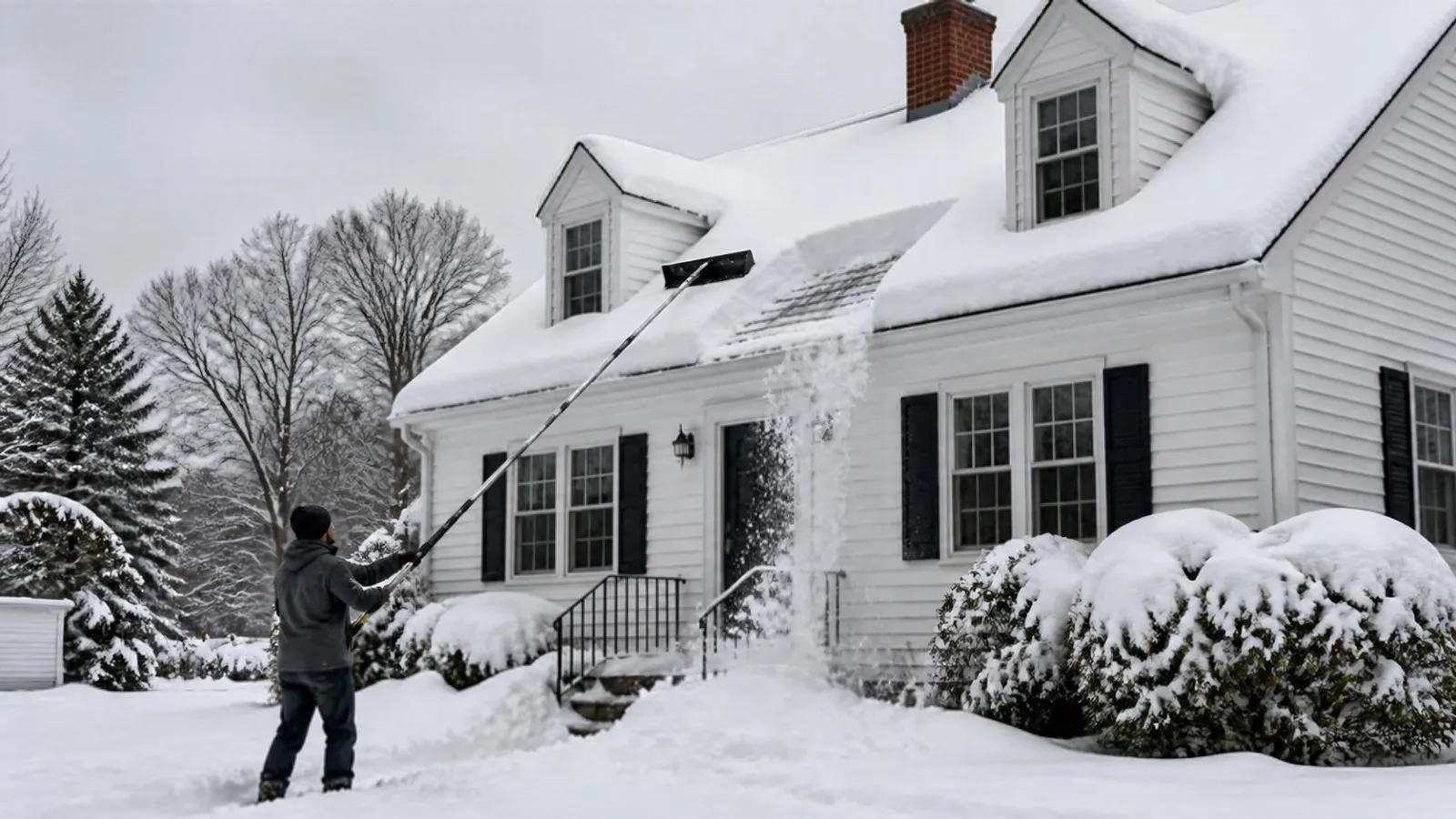 Roof rake pulling snow off the edge of a white Cape-style house