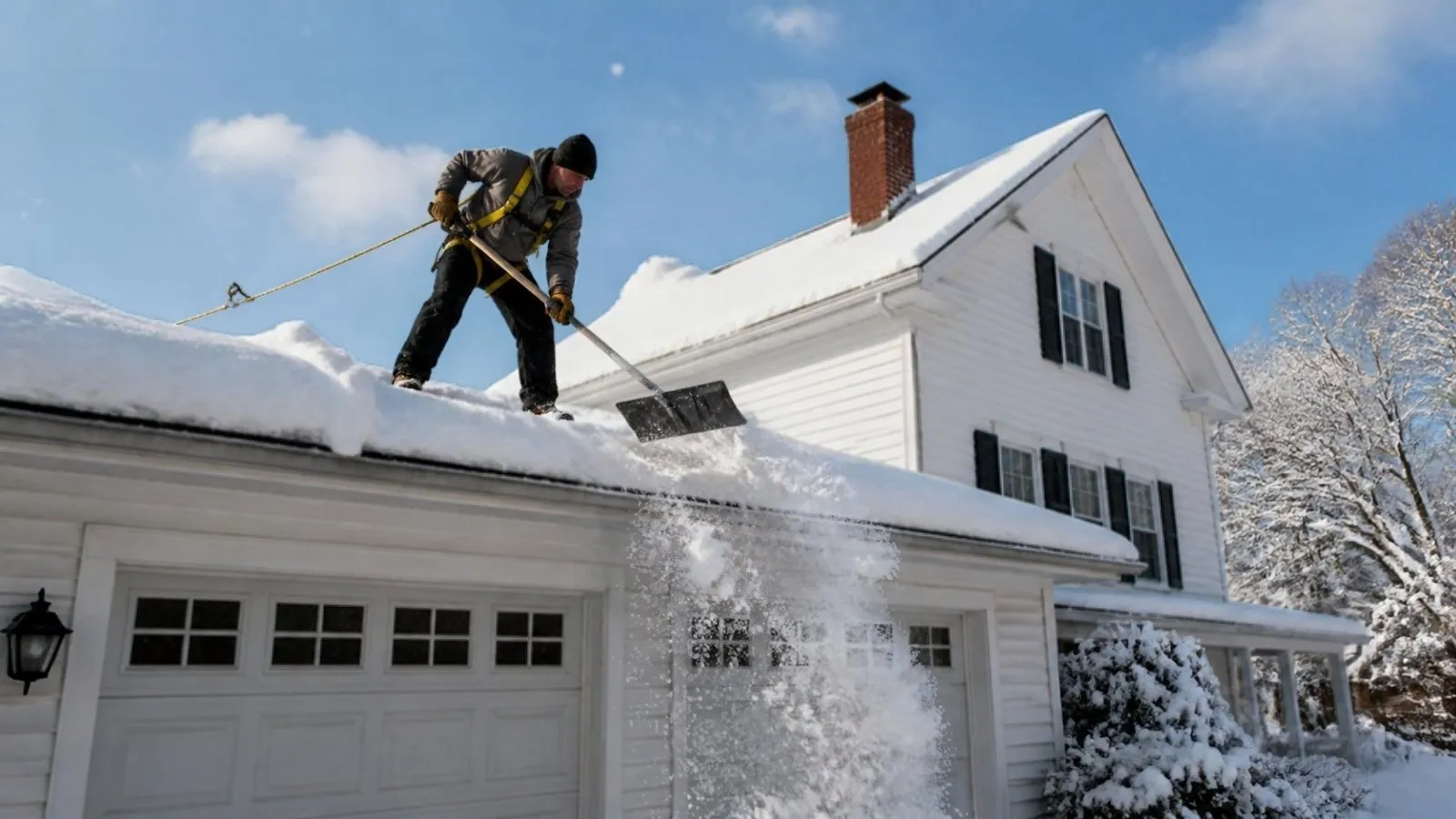 Roofer in a safety harness shoveling snow off a garage roof