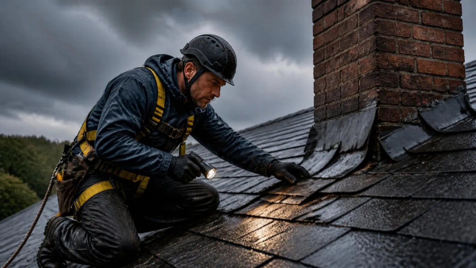 Roofer in a harness inspecting chimney flashing after a storm