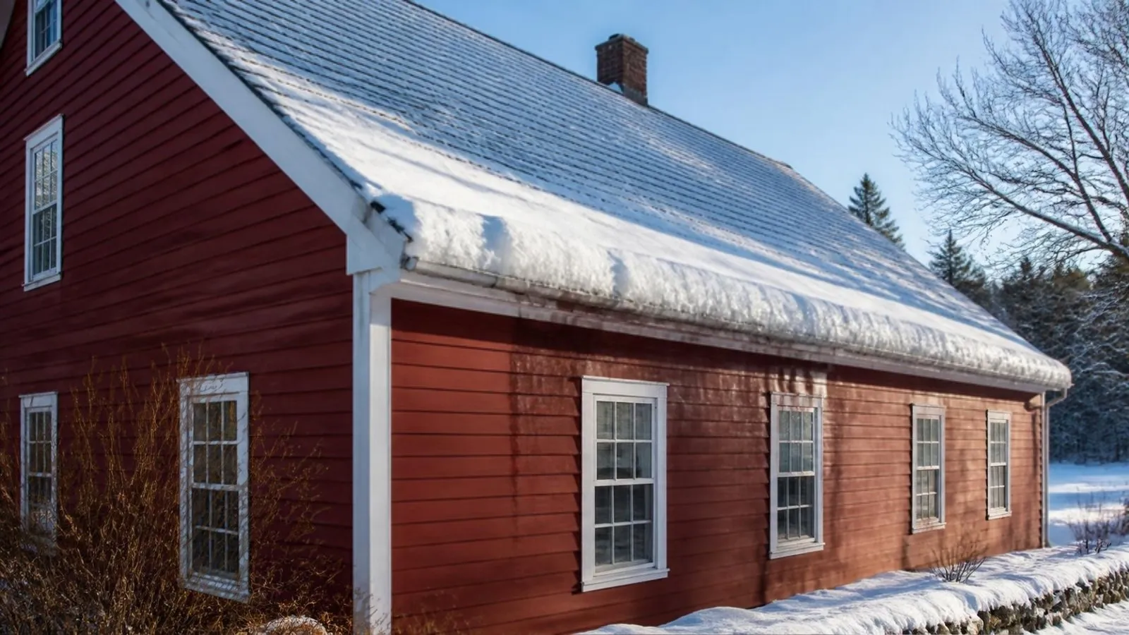 Heavy snow on the roof of a red saltbox house