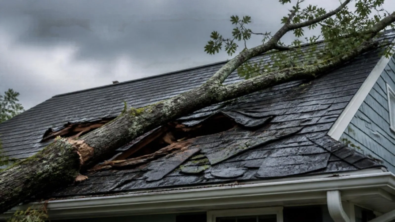 Tree limb resting on a storm-damaged shingle roof