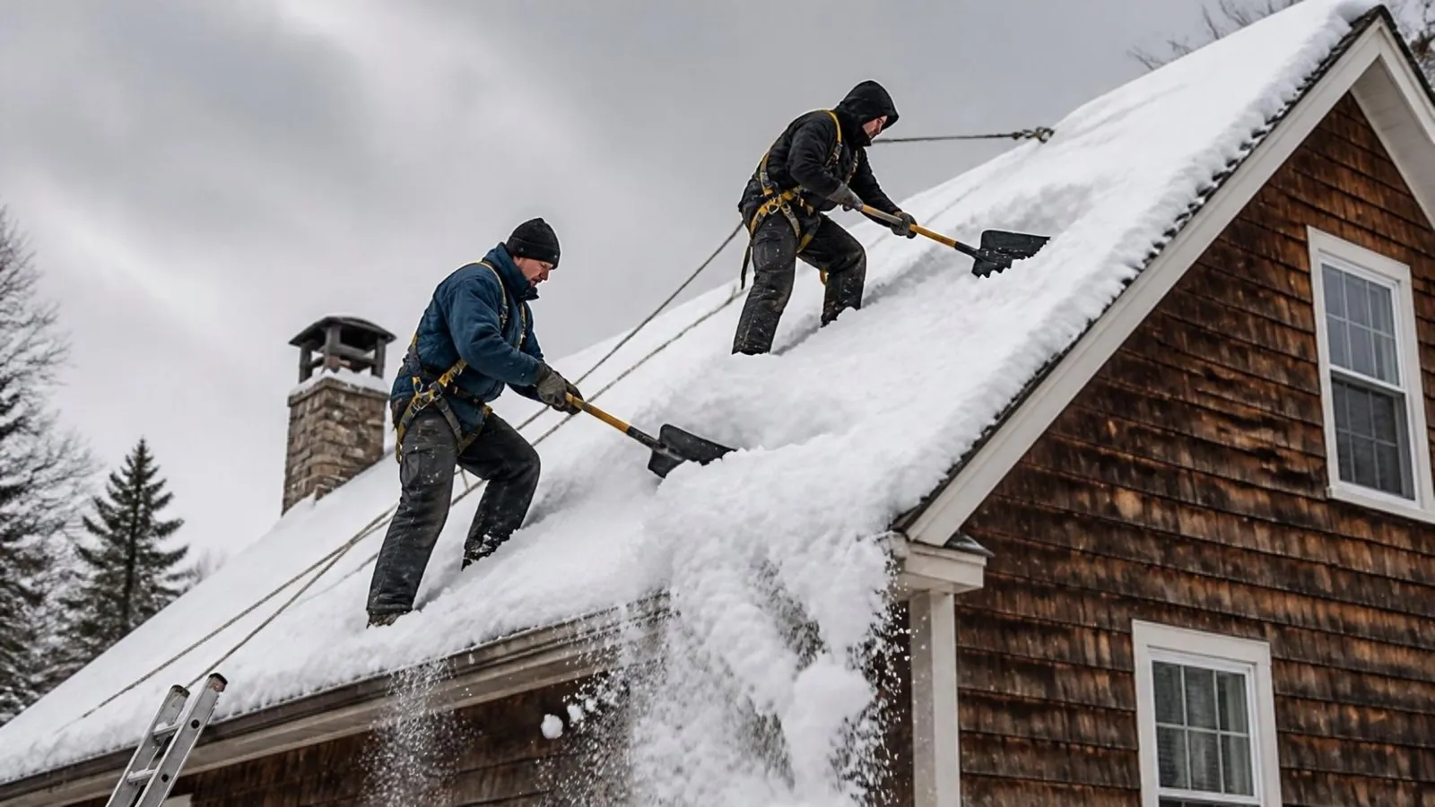 Two roofers in harnesses clearing snow from a cedar-shingled home