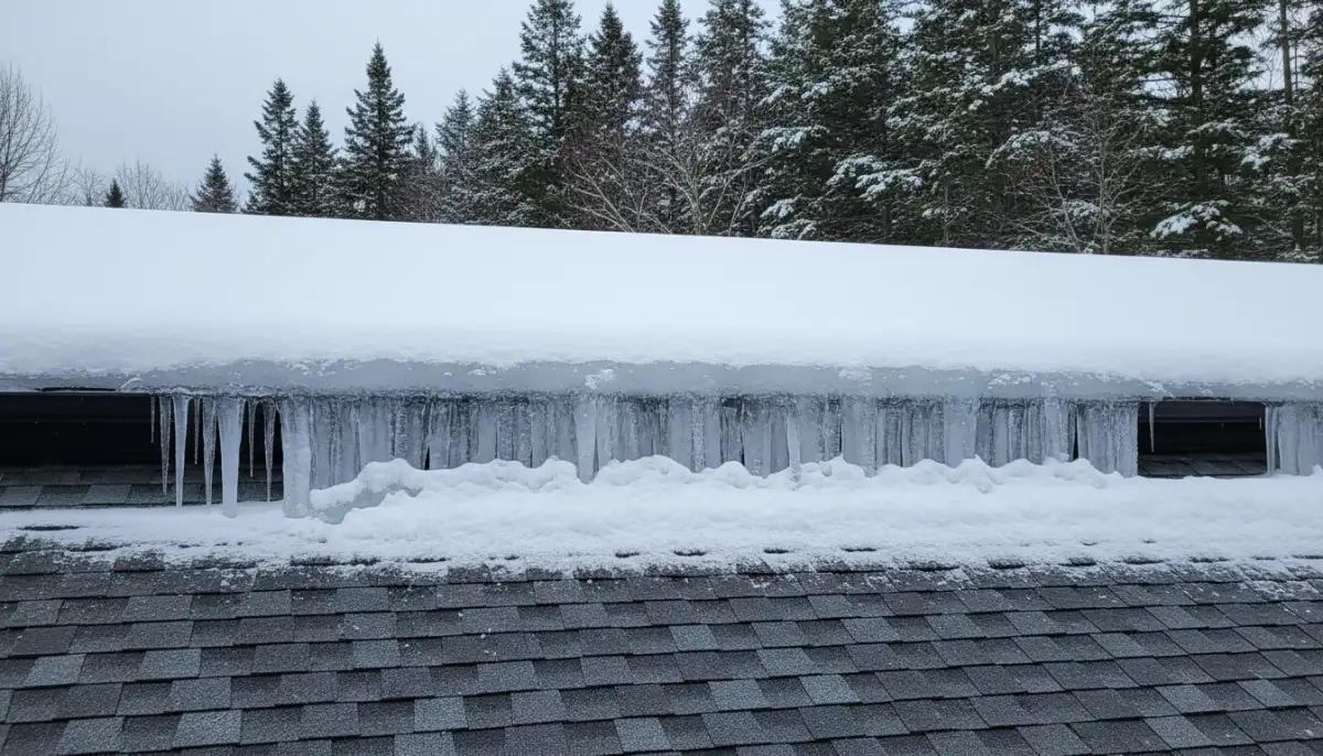 Ice dam and icicles on a snow-covered shingle roof in Maine