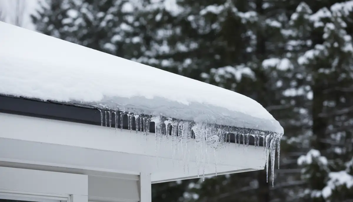 Heavy roof snow and icicles at the eave of a Maine home